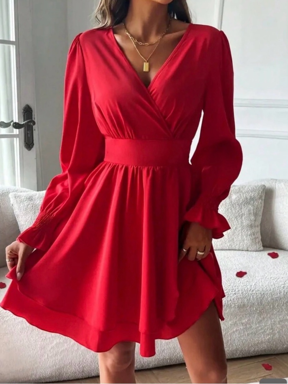 Red V-Neck Long Sleeve Fit & Flare Dress